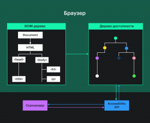 Схема взаимодействия браузеров, скринридеров и Accessibility API. Браузеры создают DOM-дерево, потом дерево доступности на его основе, отдают его API, а он передаёт нужную информацию скринридерам.